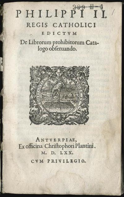 "Index librorum prohibitorum", titelpagina van één van de vele uitgaven van de lijst van door de katholieke kerk verboden boeken, die werd gepubliceerd vanaf 1559.
