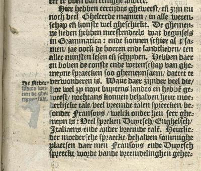 Verwondering van een buitenlander over de lees- en schrijfvaardigheid van de Nederlanders in de zestiende eeuw: een citaat uit de "Beschrijvinghe van alle de Nederlanden" van Ludovico Guicciardini.