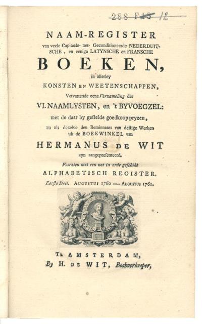 Catalogus van de boekwinkel van Hermanus de Wit in Amsterdam, ca. 1766