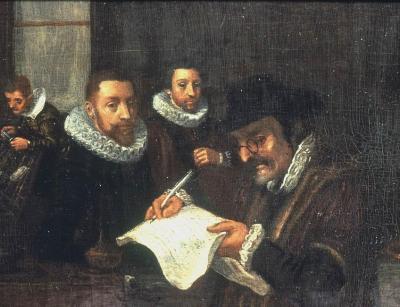 De gebroeders Van de Venne in hun drukkerij, tesamen met Apollonius Schotte