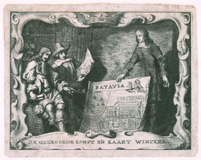 Adreskaart van 'De gekroonde konst en kaart winckel' van Clement de Jonghe in Amsterdam, 1665