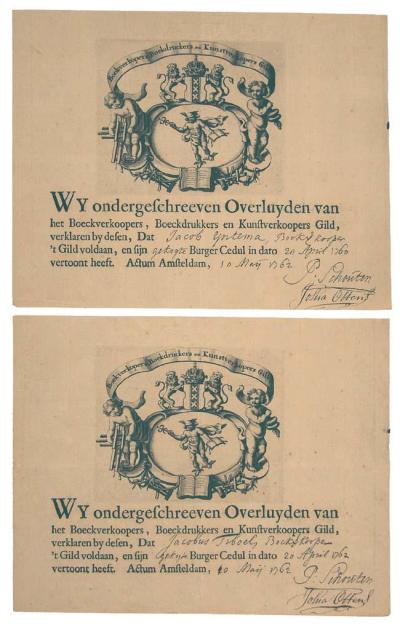 Bewijzen van inschrijving van Jacob Yntema en Jacob Tieboel in het boekverkopersgilde van Amsterdam, 1762