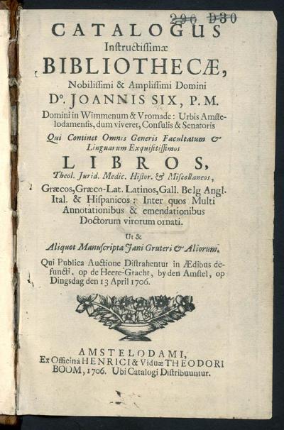 Veilingcatalogus van de bibliotheek van Jan Six, Amsterdam, 1706