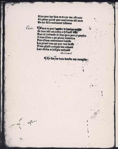 Laatste pagina van een Frans boek, gedrukt in de Nederlanden: "La danse des aveugles" van Pierre Michault.