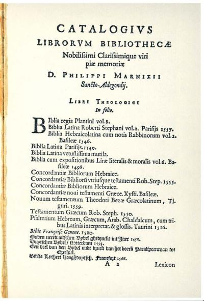 Veilingcatalogus van Philips van Marnix van Sint-Aldegonde, Leiden, 1599