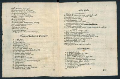 Twee pagina's uit een veilingcatalogus van boeken, Leiden, 1628
